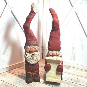 2 VTG Santa's Hand Carved Wood Figurines Folk Art Singed Keesling '95/'99